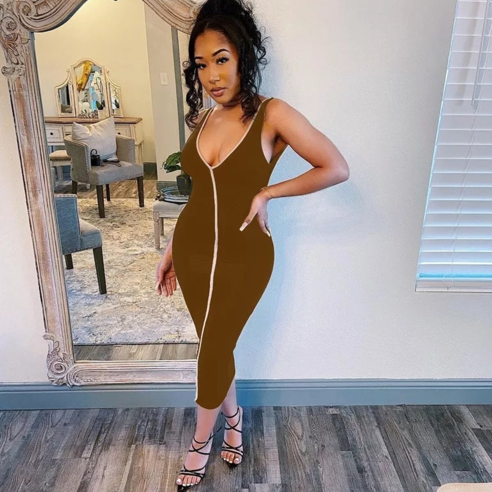 Brown Zipper Bodycon Dress
